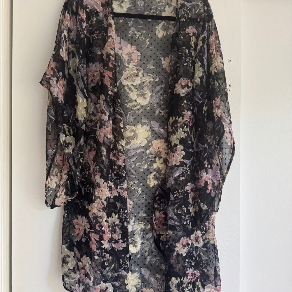 Vince Camuto Sheer Floral Kimono Cover-Up in Black with Pastel Flowers